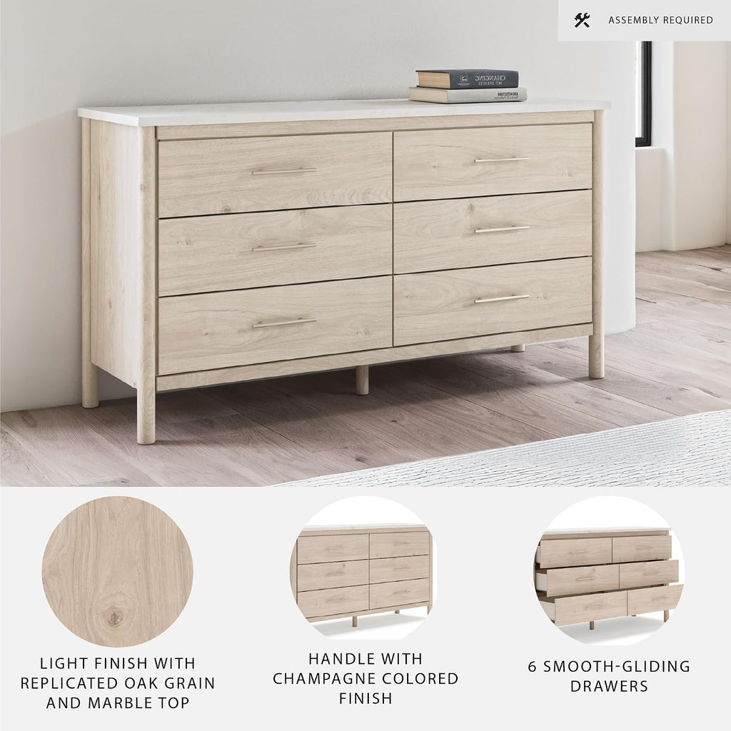 Signature Design by Ashley Cadmori Casual Bohemian Dresser with Post Legs and 6 Drawers, Replicated Marble Top, Wood, 35' High, White and Light Brown Finish