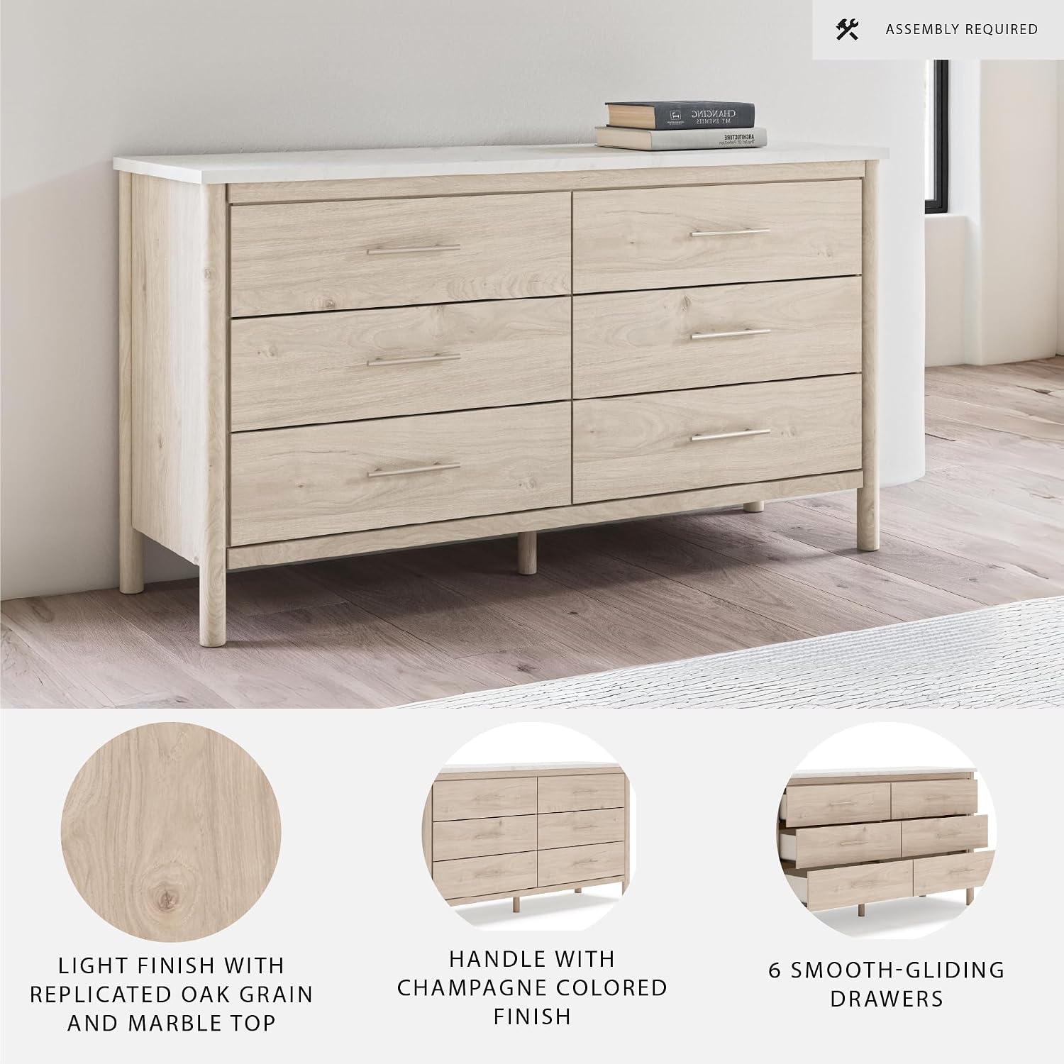 Signature Design by Ashley Cadmori Casual Bohemian Dresser with Post Legs and 6 Drawers, Replicated Marble Top, Wood, 35' High, White and Light Brown Finish