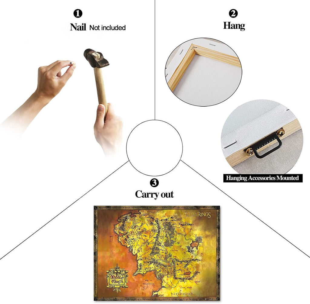 GUTTATY Middle Earth Map Canvas Wall Art Movie Map HD Print- Retro Middle Earth Map Canvas Painting for Home Wall Decor, Vintage Movie World Map Poster Framed Artwork for Home Office Decor(32 Hx48 W)