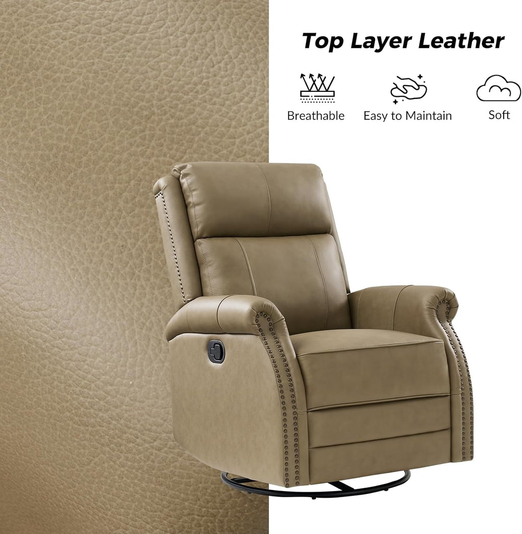 HULALA HOME Genuine Leather Swivel Rocker Recliner with Adjustable Backrest & Footrest, Manual Glider Recliner Chair with 360°Swivel Base, Home Theater Sofa Armchair for Living Room Bedroom, Taupe