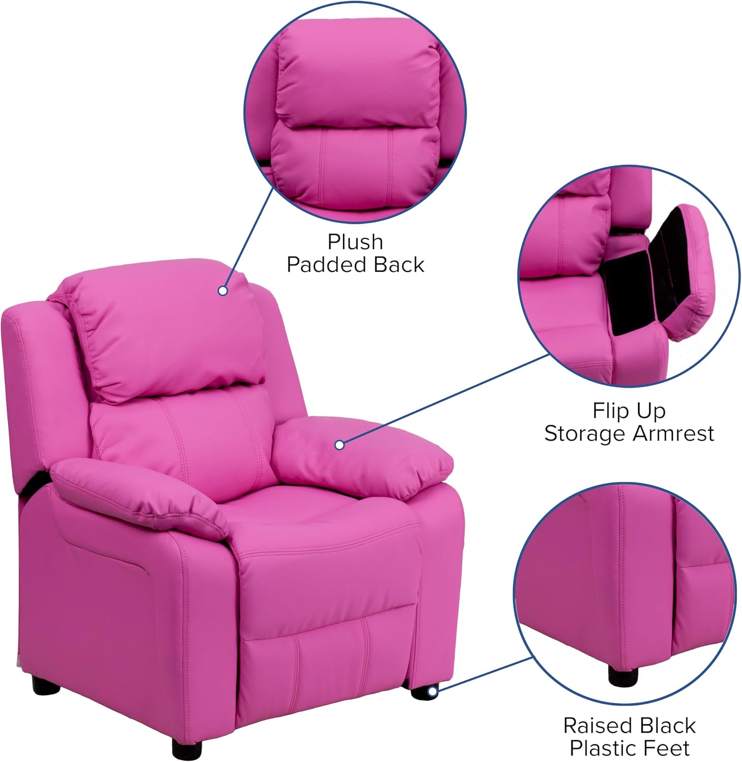Flash Furniture Charlie Vinyl Kids Recliner with Flip-Up Storage Arms and Safety Recline, Contemporary Reclining Chair for Kids, Supports up to 90 lbs., Hot Pink