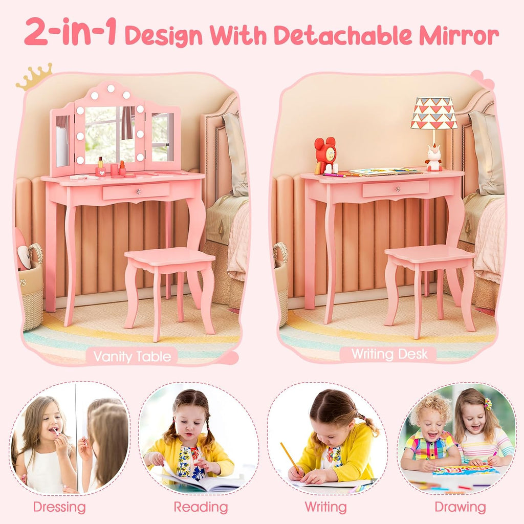 HONEY JOY Kids Vanity Set with Lighted Mirror, 2 in 1 Princess Toddler Dressing Table w/Tri-Fold Mirror & Drawer, Wooden Makeup Table & Chair Set, Pretend Play Vanity Set for Little Girls (Pink)