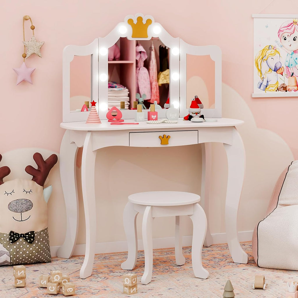 Costzon Kids Vanity with Lights, Girls Vanity Set with Mirror and Stool, Drawer, 2 in 1 Princess Makeup Desk Dressing Table, Kids Vanity Table and Chair Set (White)