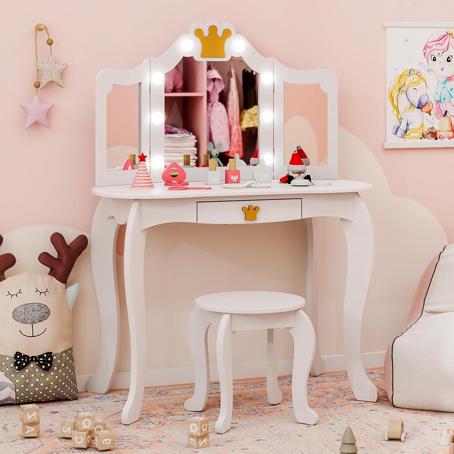 Costzon Kids Vanity with Lights, Girls Vanity Set with Mirror and Stool, Drawer, 2 in 1 Princess Makeup Desk Dressing Table, Kids Vanity Table and Chair Set (White)