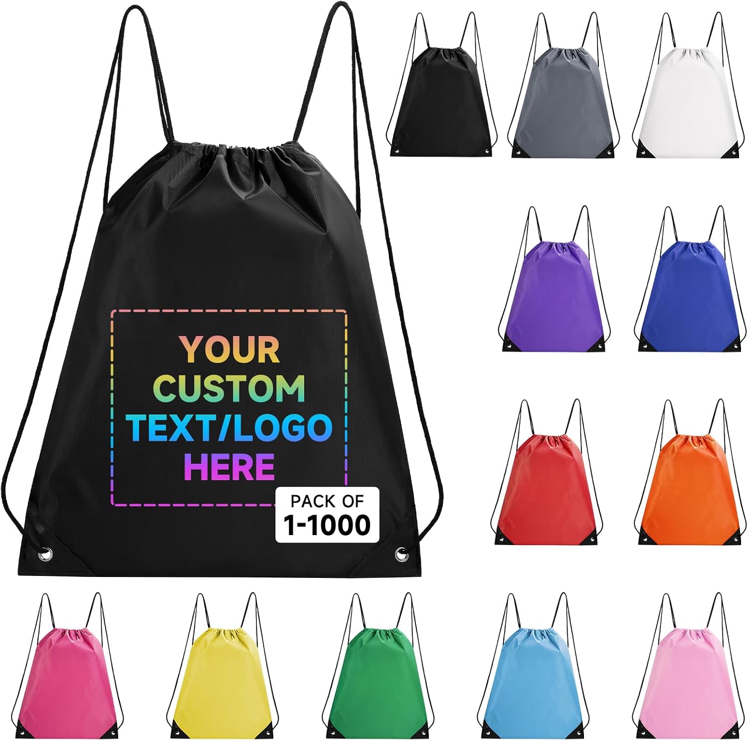 Custom Drawstring Bags With Logo, 100 PCS Personalized Text Drawstring Backpack Bulk, Easy-to-Carry String Bag Great for Gym, Travelling and for Everyday Use (Black)