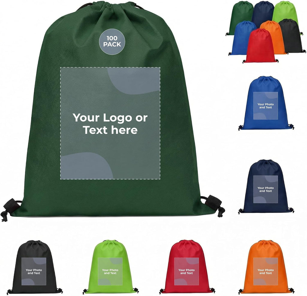 Custom Drawstring Backpacks with Logo or Text, Pack of 100, Forest Green, Water-Resistant, Personalized Promotional Bags for Branded Giveaways, Corporate Events, Trade Shows, Conferences