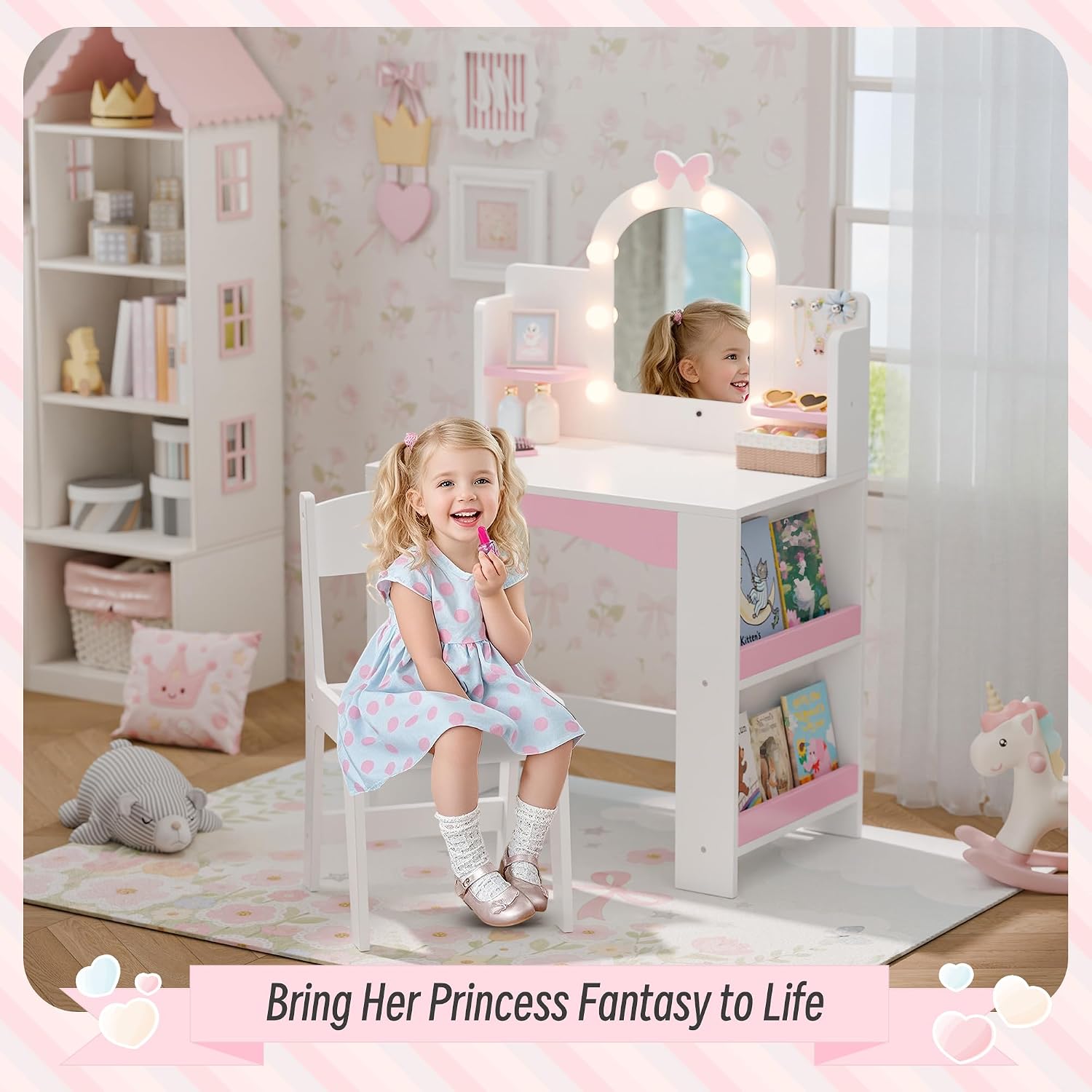 Girls Vanity with Lights, Kids Vanity Table and Chair Set for Princess, Toddler Makeup Vanity Desk with Open Bookshelf, Storage Cabinet & Side Shelves, Stools, White