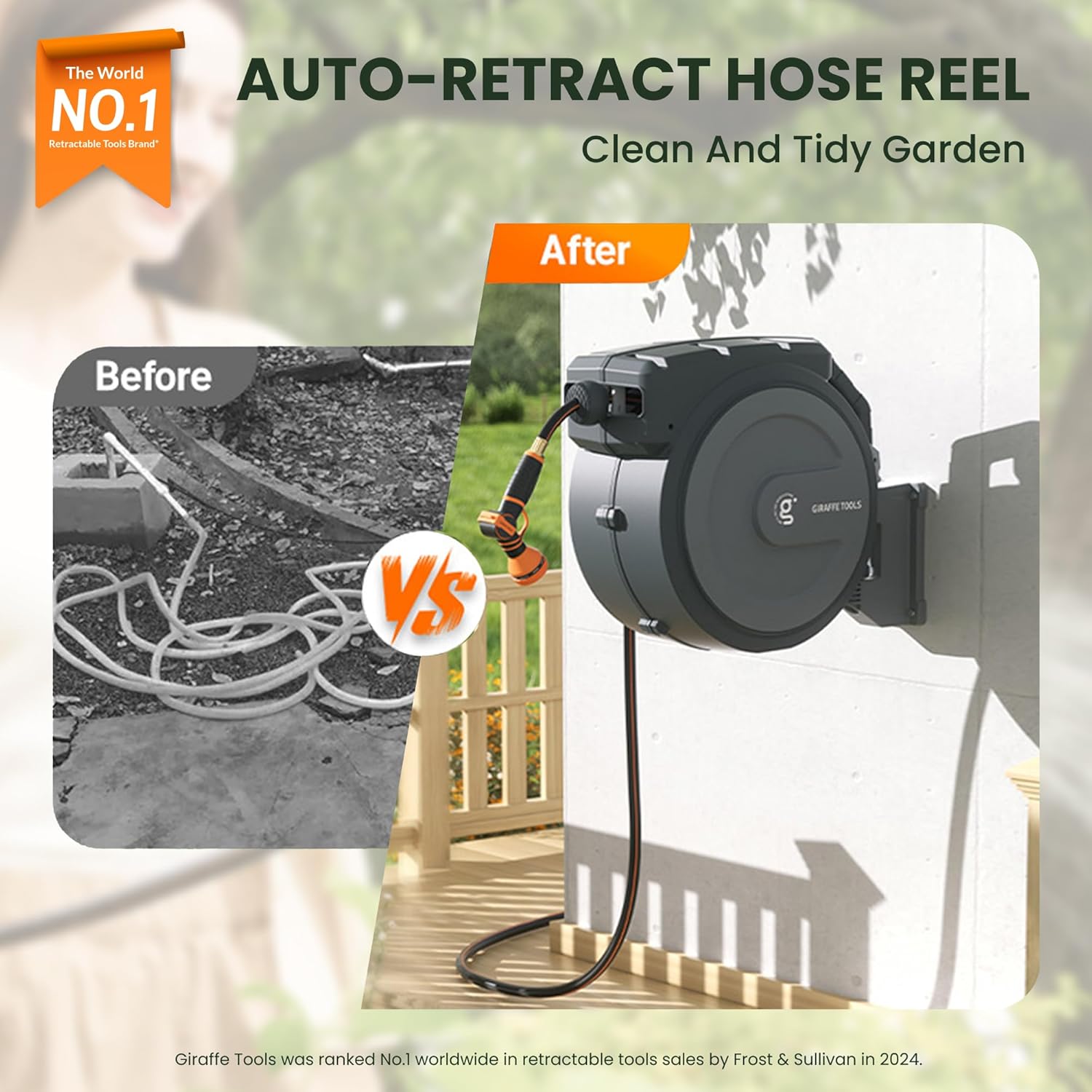 Giraffe Tools Hose Reel 1/2'' 78 ft, Heavy Duty Retractable Garden Hose Reel with Any Length Lock, Slow Return System, Wall Mounted and 180 Deg Swivel Bracket