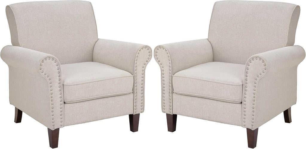 PrimeZone Comfy Accent Chair Set of 2, Mid-Century Modern Fabric Living Room Chair Reading Chair with Soft Cushion, Nailhead Trim & Rolled Armrest, Arm Chair Sofa Chair for Bedroom Waiting Room,Beige