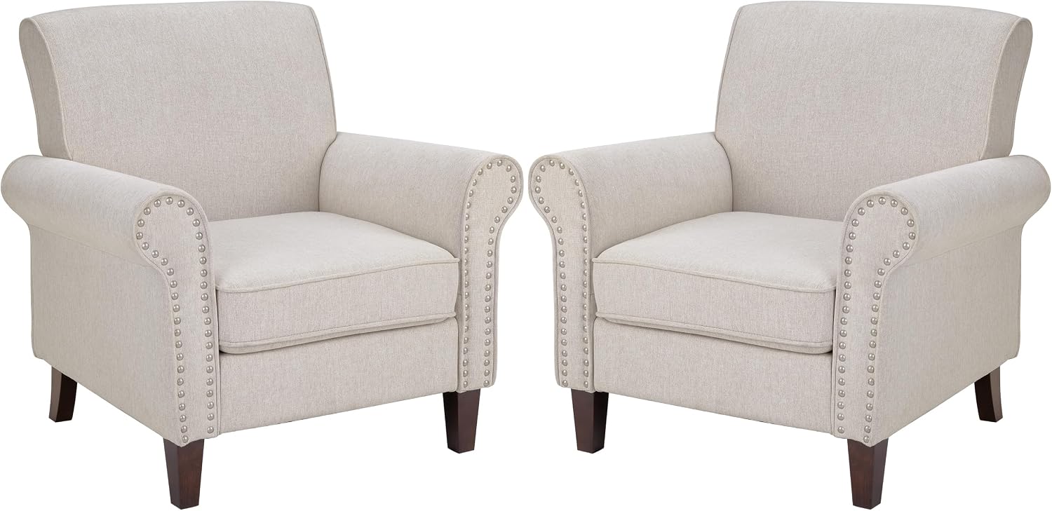PrimeZone Comfy Accent Chair Set of 2, Mid-Century Modern Fabric Living Room Chair Reading Chair with Soft Cushion, Nailhead Trim & Rolled Armrest, Arm Chair Sofa Chair for Bedroom Waiting Room,Beige