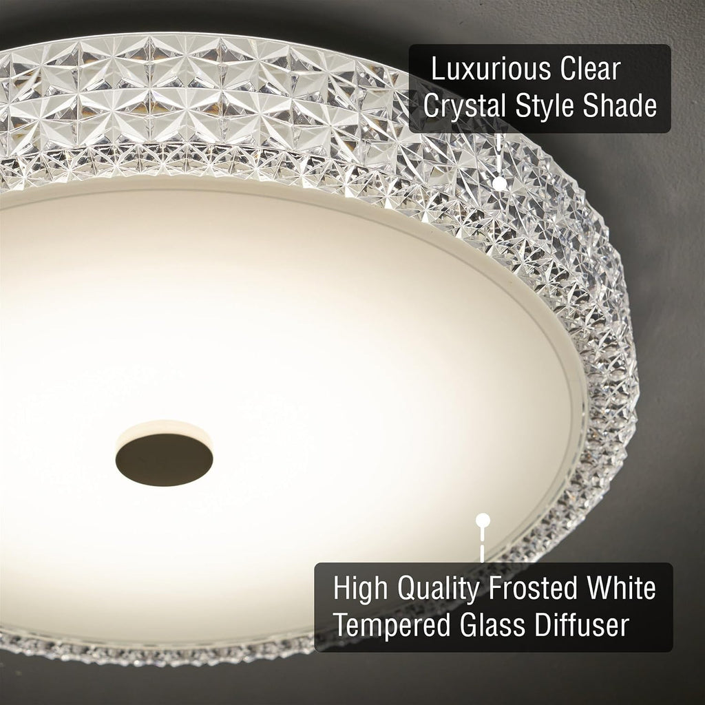 Kira Home Maxine 15' Modern Integrated LED Crystalline Flush Mount (25W), 3000K Warm White Light Low-Profile Clear Crystal Ceiling Light with Heavy Frosted Glass Diffuser, White Finish