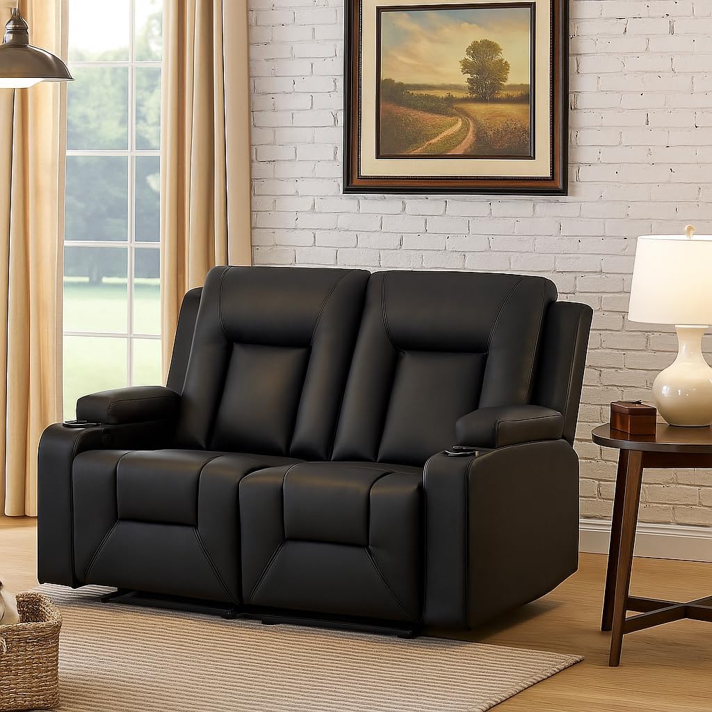 LUCKLIFE Leather Recliner Sofa Set with Manual Recliners,Living Room Furniture Set with Reclining Couch,Loveseat and Armchair,Living Room Chair with Cup Holders,Black (2+1)