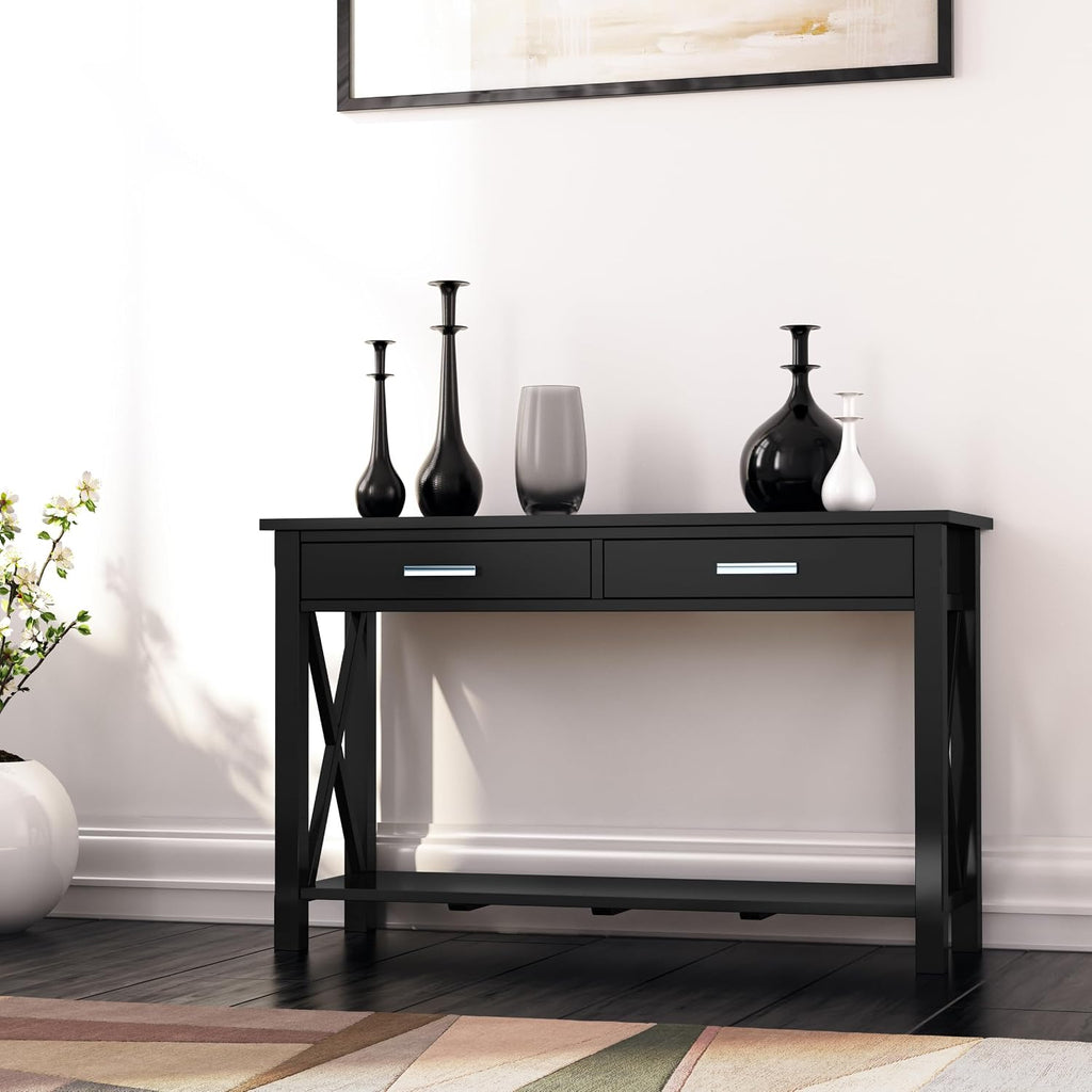 SIMPLIHOME Kitchener Console Table - 47 Inch Wide Solid Wood Sofa Table in Black, Contemporary Storage Table for Entryway or Living Room with 2 Drawers, Bottom Shelf, and X-Design Side Panels