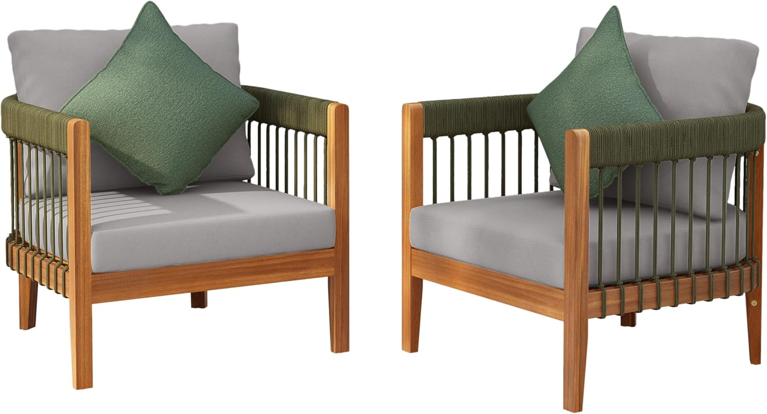 Christopher Knight Home Vinny Outdoor Club Chairs Set of 2, Acacia Wood Accent Chair, Comfort Seating Reading Sofa, Handwoven Rope Armchair with Removable Cushions for Garden Backyard, Green+Gray