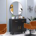 OmySalon Wall Mount Salon Station, Barber & Hair Stylist Station with Round Mirror, Hair Dryer Holders, Storage Cabinet & Adjustable Shelf, Beauty Spa Dresser, Black