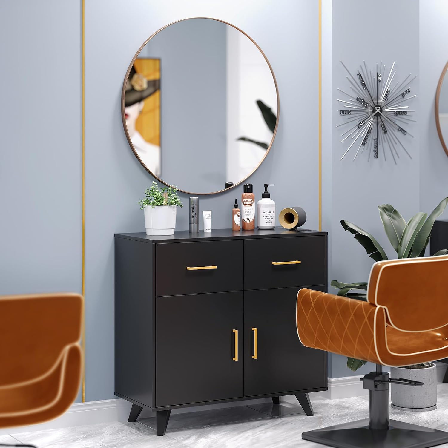 OmySalon Wall Mount Salon Station, Barber & Hair Stylist Station with Round Mirror, Hair Dryer Holders, Storage Cabinet & Adjustable Shelf, Beauty Spa Dresser, Black