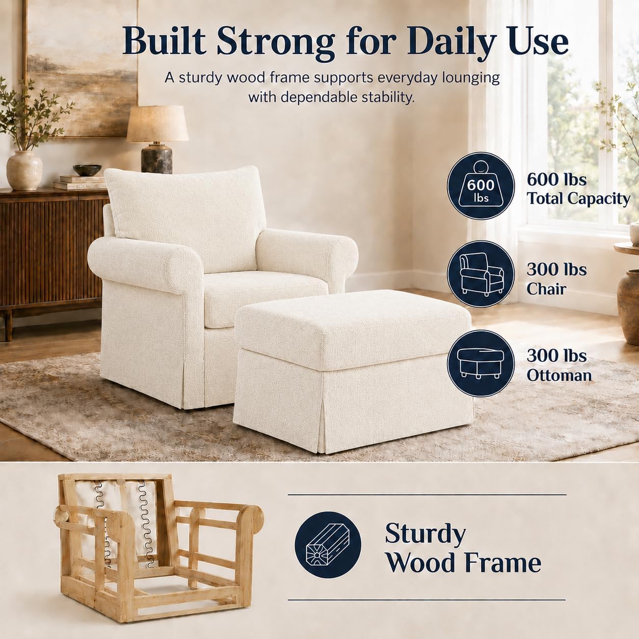 35.82' Accent Chair with Ottoman Set Upholstered Living Room Chairs for Reading Chair with Chaise Lounge Chairs Indoor, Comfortable Armchair for Bedroom (Beige, 35.82')