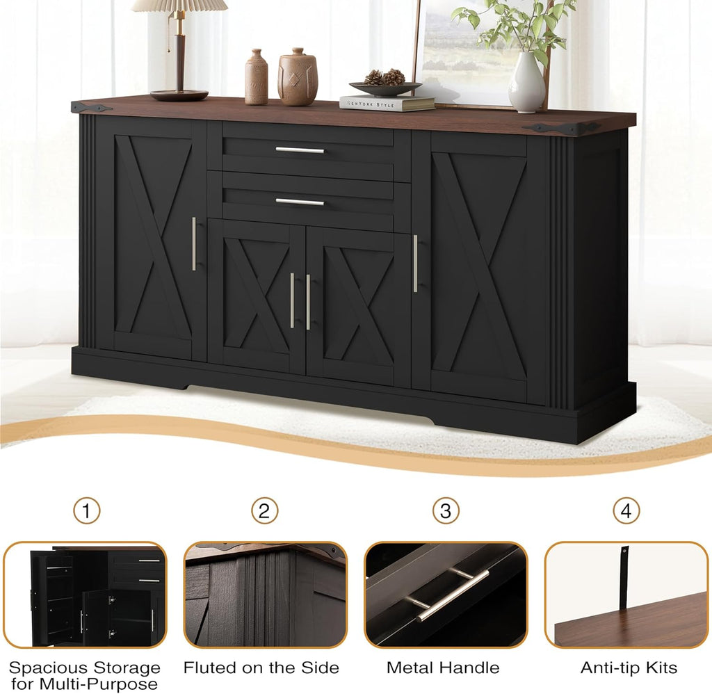 RiteSune 63' Farmhouse Buffet Sideboard Cabinet, Large Kitchen Sideboard Storage with 2 Drawers and 4 Doors, Buffet Table for Dining Room, Living Room, Black