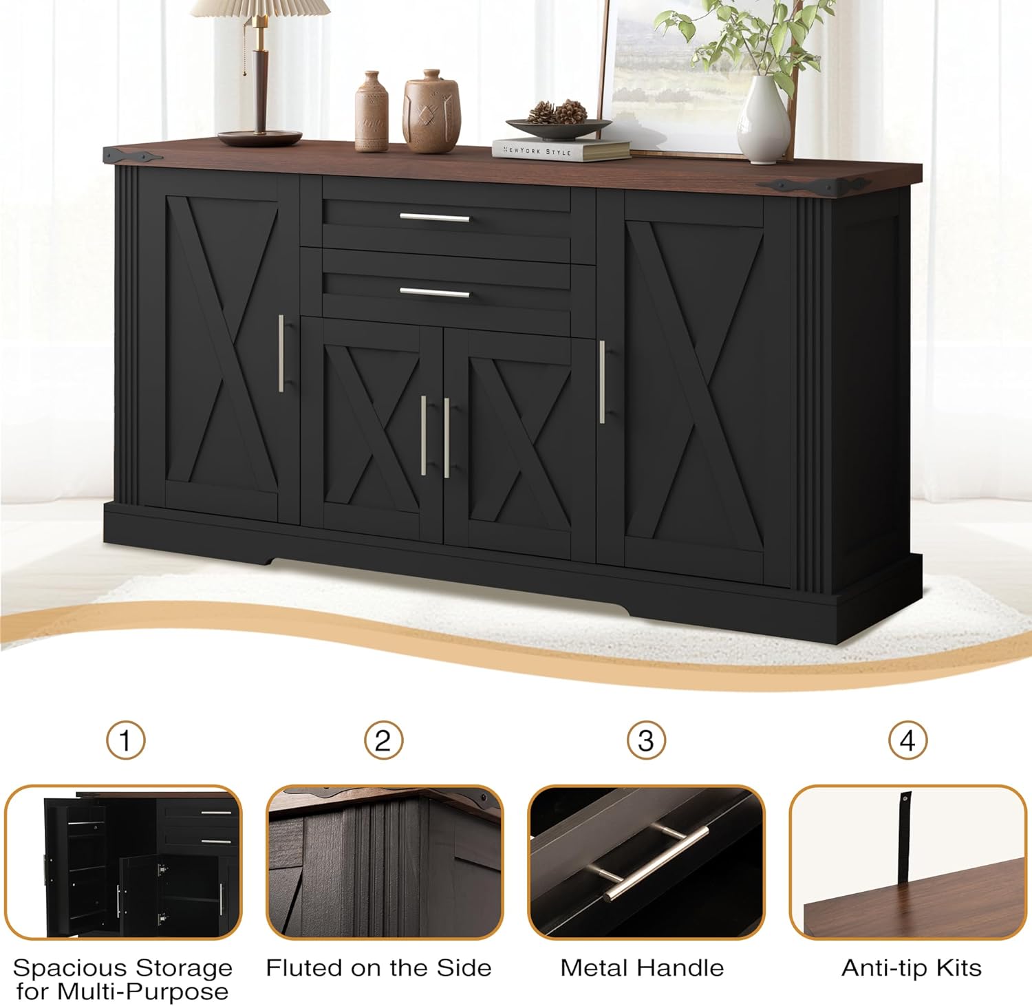 RiteSune 63' Farmhouse Buffet Sideboard Cabinet, Large Kitchen Sideboard Storage with 2 Drawers and 4 Doors, Buffet Table for Dining Room, Living Room, Black