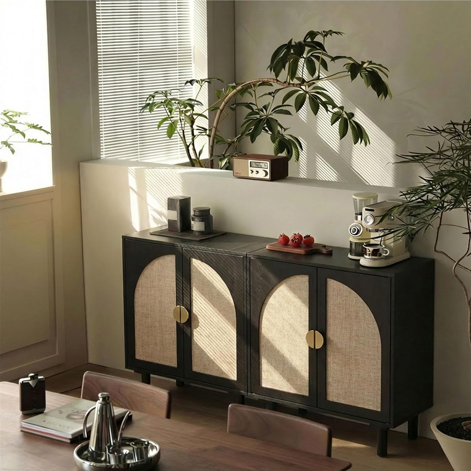 Modern Rattan Storage Cabinet, Black Wood Sideboard with Magnetic Latch, Adjustable Shelf, 29.84' W x 15.75' D x 31.57' H (2 Piece)