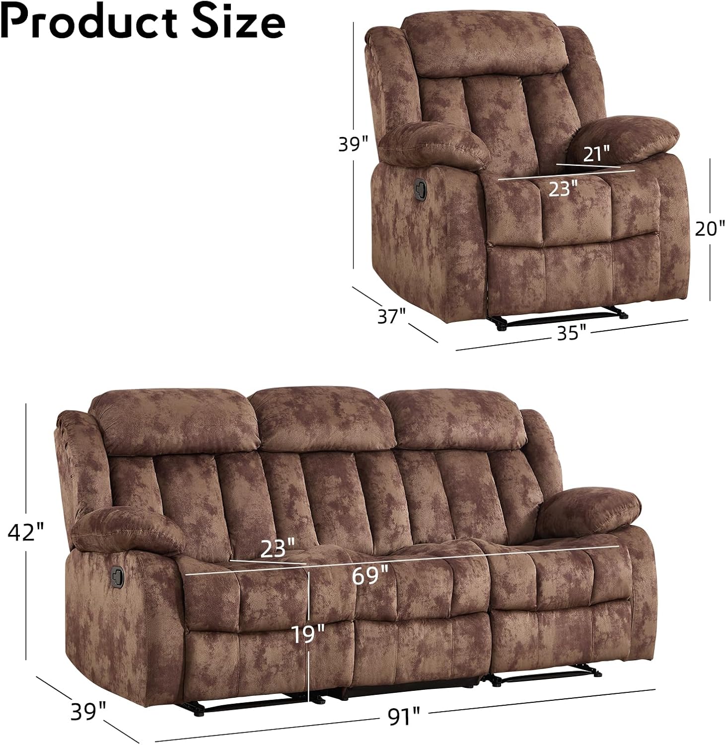 EBELLO Manual Reclining Sofa Set, Classic Recliner Sofa with Overstuffed Arms and Backrest, Include 1 Recliner Chair and 1 3-Seat Couch, Dark Brown