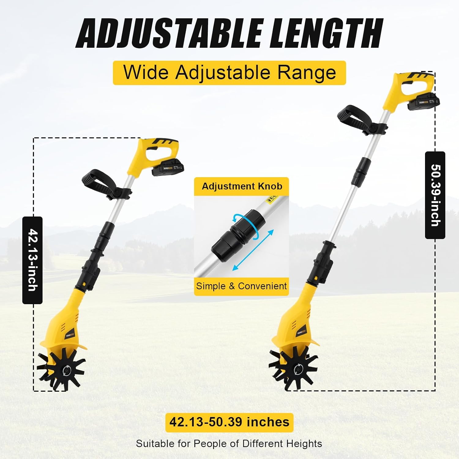 20V Cordless Tiller Cultivator with Steel Tines, Battery Powered Electric Garden Cultivator with 3-4FT Extendable Pole, Handheld Mini Tiller for Gardening, 6.3' Depth 4' Width