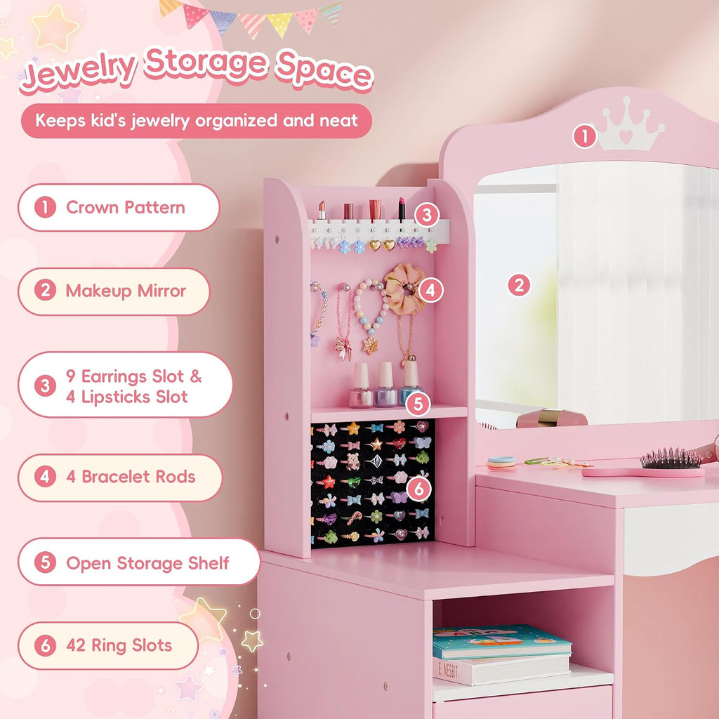 MU Kids Vanity, Girl Vanity Set with Mirror and Stool, 2 in 1 Toddler Makeup Vanity Table with Jewelry Storage, Wooden Princess Makeup Desk Dressing Table for Little Girls, (Pink)