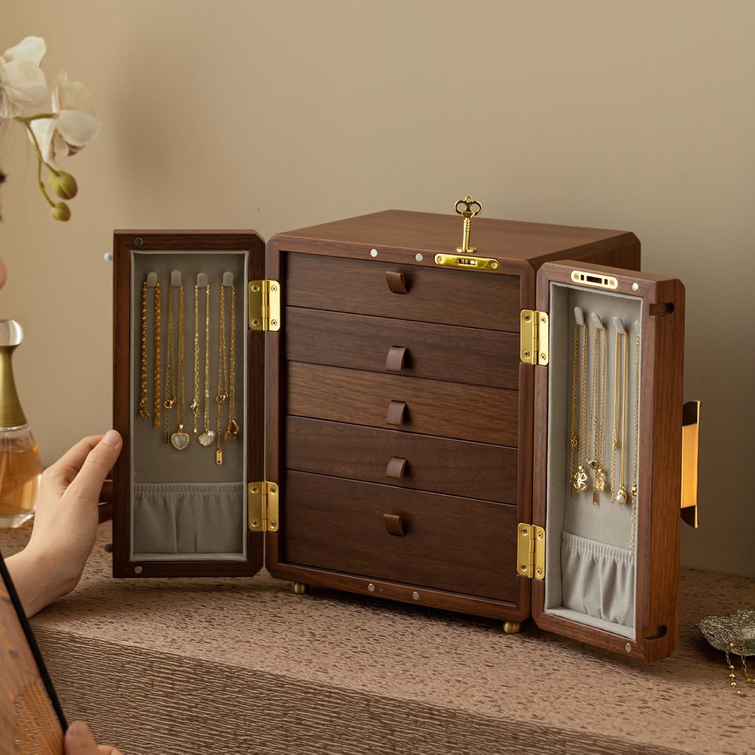 Kinsuite Black Walnut Jewelry Box - 5-tier Jewelry Organizer with Secure Double-Door, Safe with Lock for Earring, Ring, Necklace, Bracelets with Mirror