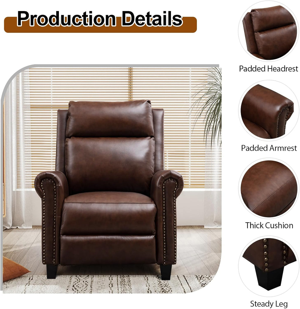 CANMOV Leather Pushback Recliner Chair, Classic and Traditional Push Back Recliner Chair with Rivet Decoration for Living Room, Adjustable Single Sofa, Brown