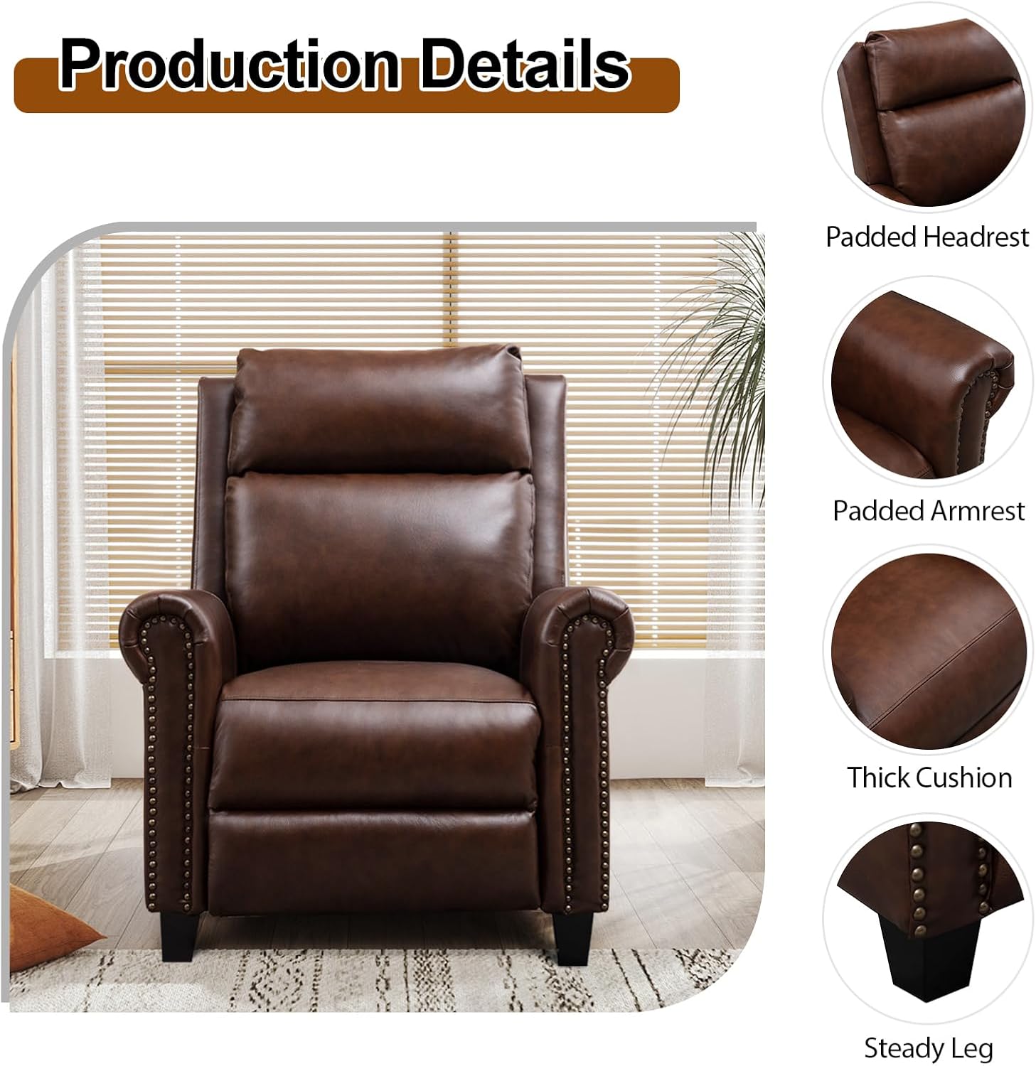 CANMOV Leather Pushback Recliner Chair, Classic and Traditional Push Back Recliner Chair with Rivet Decoration for Living Room, Adjustable Single Sofa, Brown