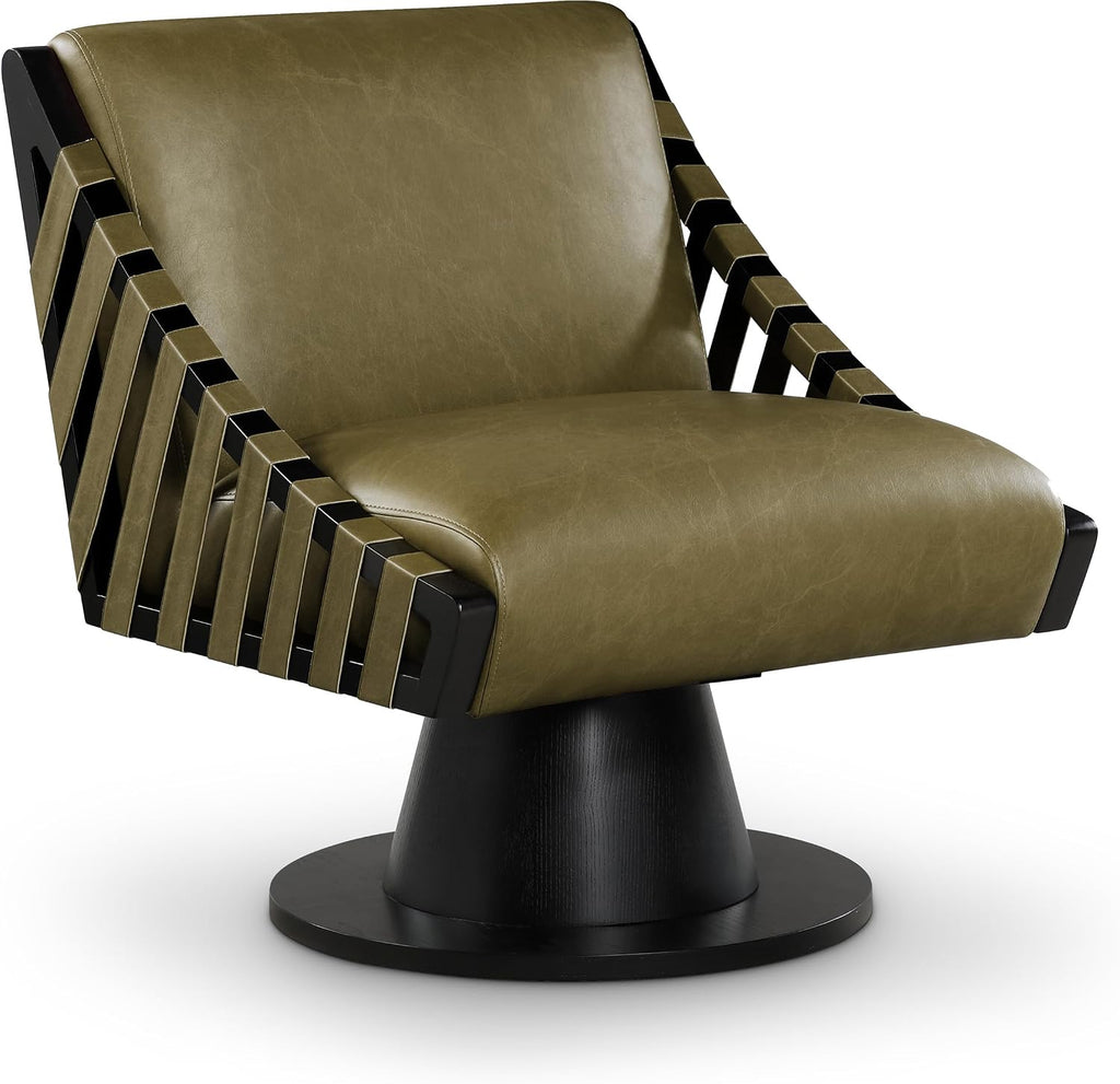 Meridian Furniture 33002Olive Millwin Collection Art Deco Swivel Accent Chair with Rich Olive Green Vegan Leather, Black Finish, Solid Wood Frame and Base, 28' W x 30' D x 32.5' H, Olive