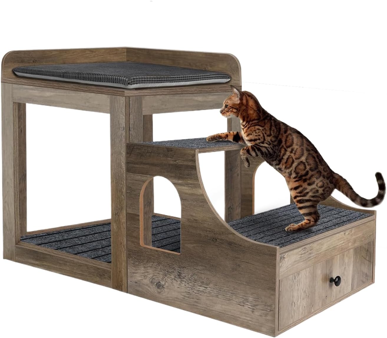 Pet Bunk Bed for Cats, Multi-Level Pet Window Perch Seat Platform with Removable Stairs and Mats for Cats and Dogs, Pet Bed Couch with Drawers for Bedside, Home, Indoor Use, Grey