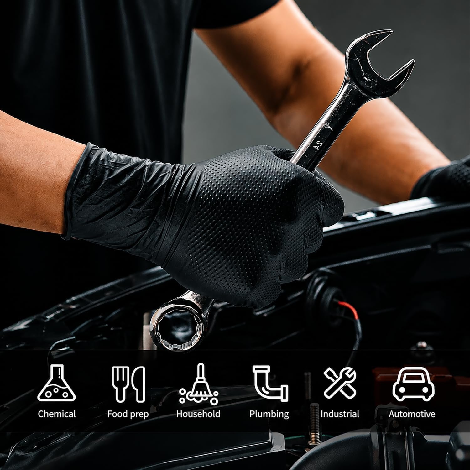 ANBOSON 10 Mil Nitrile Disposable Gloves Heavy Duty Mechanic Gloves Raised Diamond Texture Thick (Black of 1000, X-Large)