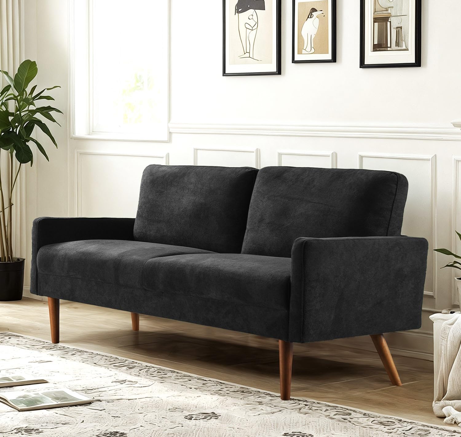 Kent Velvet Sofa, European Style with Sleek Design, Modern & Vintage Flair, Upholstered 3 Seater Couch, Chic Living Room Furniture Seating for Home, Apartment or Office, Black