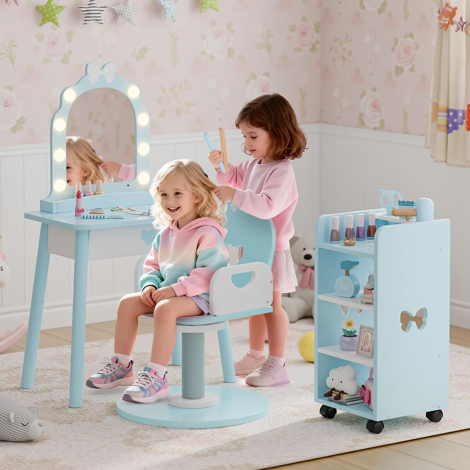 Ice Blue Kids Vanity Set with Light and Barber Chair, Makeup Dressing Vanity Table with Storage Shelf and Hair Salon Play Set 7 pcs Accessories, Pretend Play Vanity Set for Toddler Girls