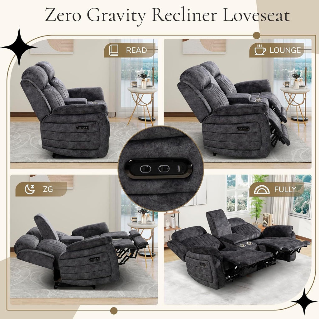 Power Reclining Loveseat with Zero Gravity, Adjustable Headrest, Electric Reclining Loveseat with Console, USB/Type-C Ports, Power Loveseat Recliner Sofa for Living Room (Grey, Loveseat)