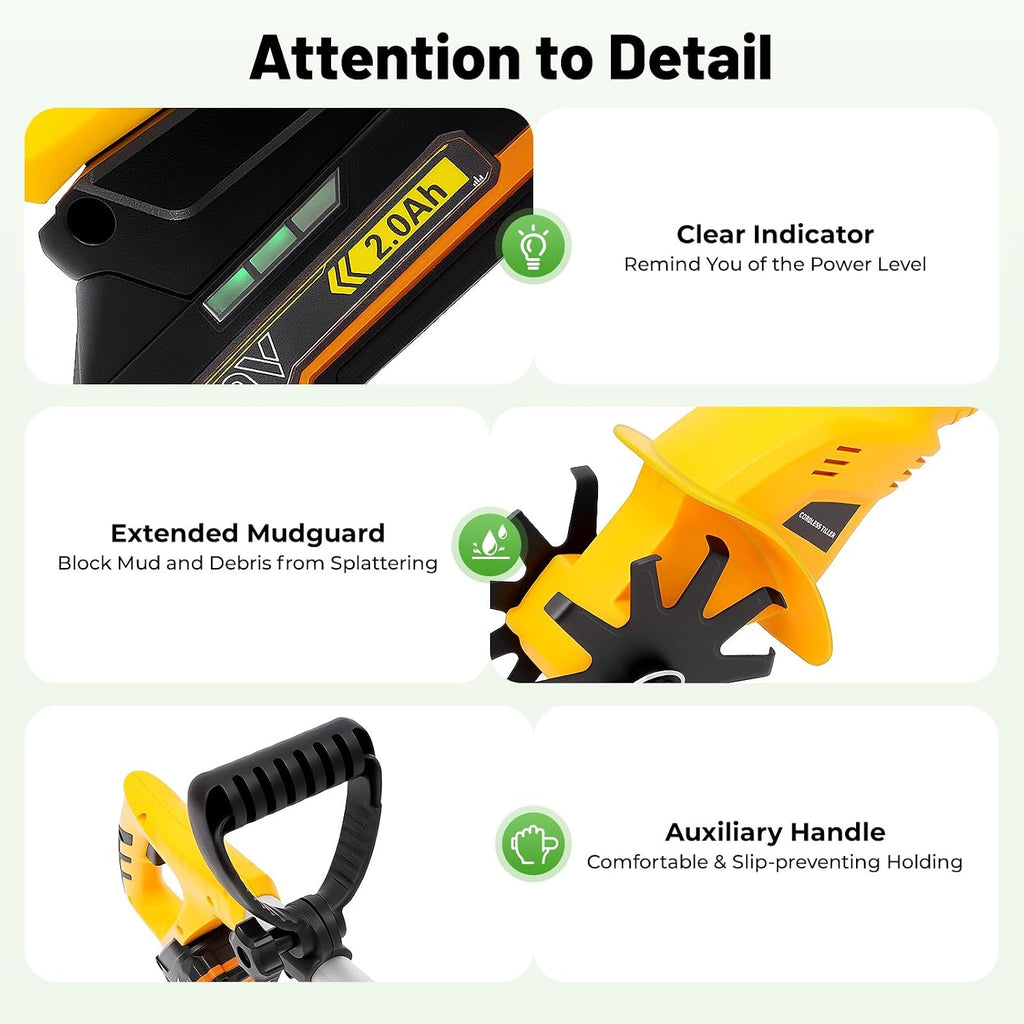Cordless Tiller Cultivator for Gardening, 20V Electric Garden Tiller, 2Ah Battery Powered Garden Rototiller with Charger, Handheld Rotary Tillers for Lawn Gardening Soil Cultivation