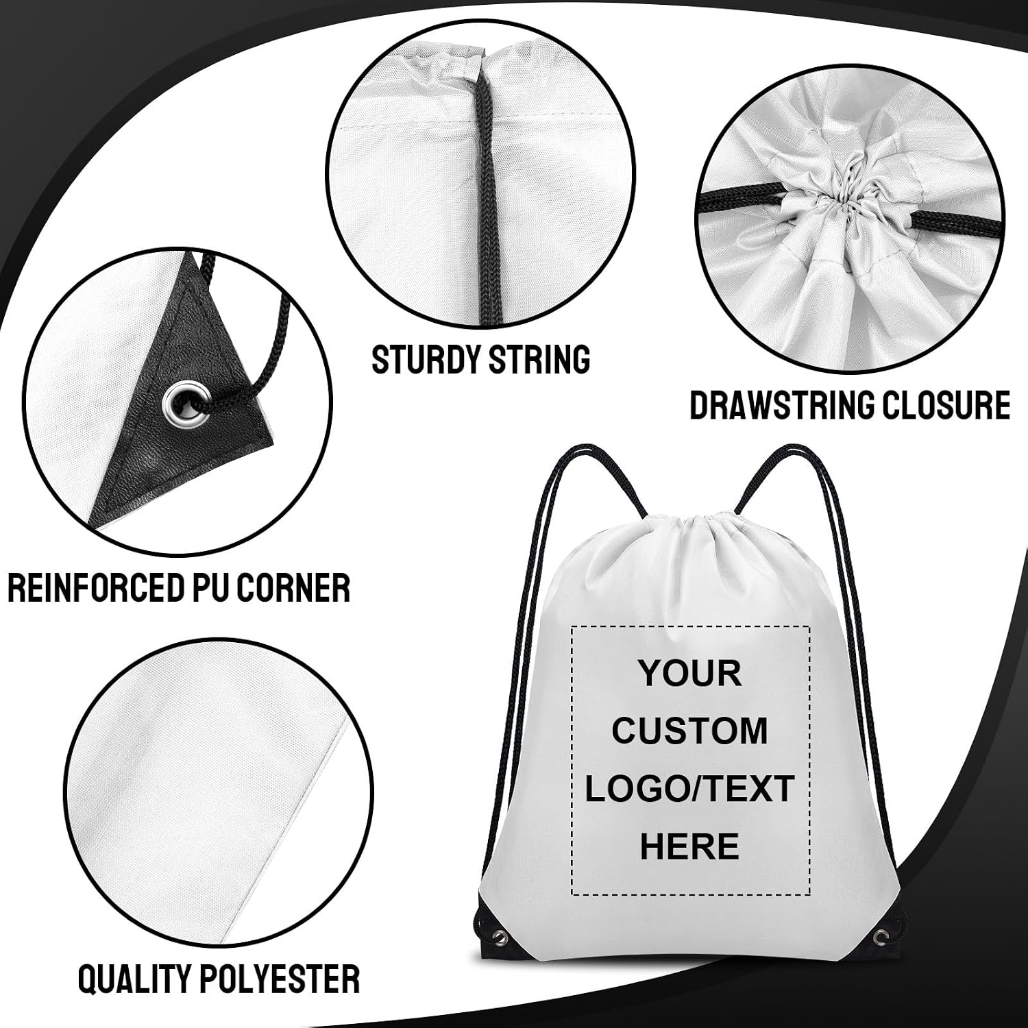 Grneric Custom Drawstring Bags Bulk 10/20/50/100/200 Pack, Promotional Items With Your Logo Personalized String Backpack for Gym, Sport, Travel, White