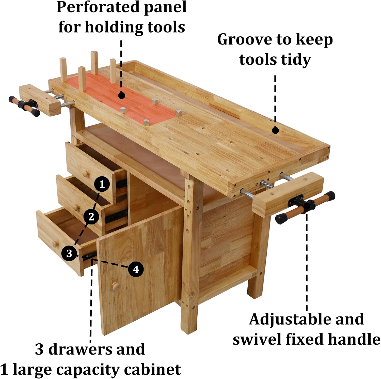 Olela Wood Workbench, Integrated Vise and Bench Dog Holes Garage Workbench with Drawers, 55 inches Heavy Duty Workbench Weight Capacity of 3300lbs (50'-3 Drawers and 1 Cabinet)
