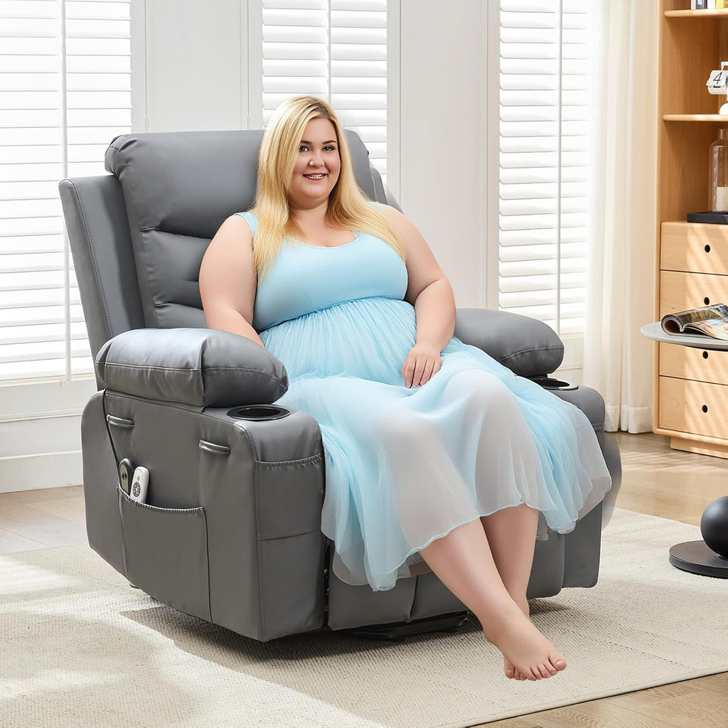 GarveeHome Power Lift Recliner Chair for Elderly, Oversized Electric Lift Chair with Heat and Massage, PU Leather Adjustable Recliner with Cup Holders & Side Pocket for Living Room, Gray