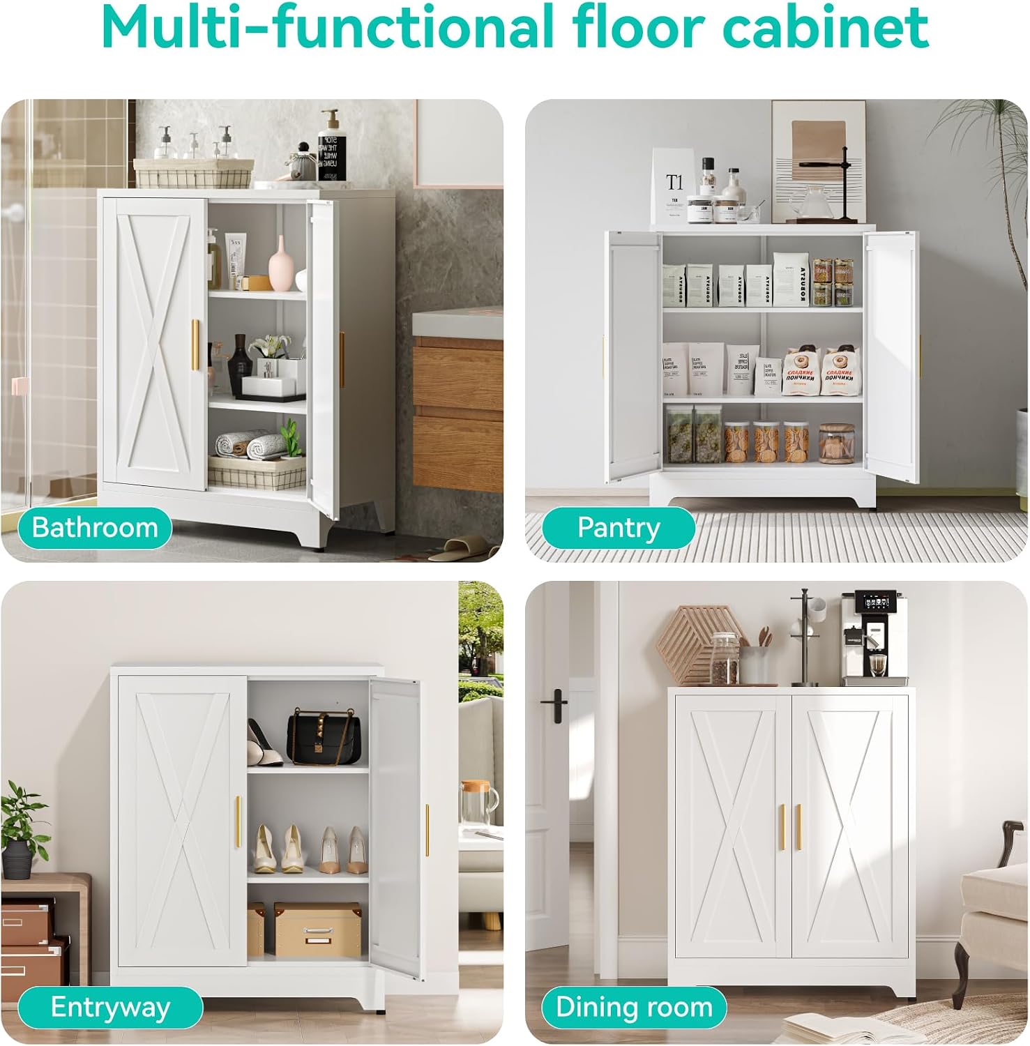 39.5'H Farmhouse Metal Floor Cabinet,31.5' Wide by 15.8' Deep Sideboard Storage with 2 Adjustable Shelves,Modern Cabinet for Bathroom Entryway Living Room Hallway Dining Room Kitchen,White