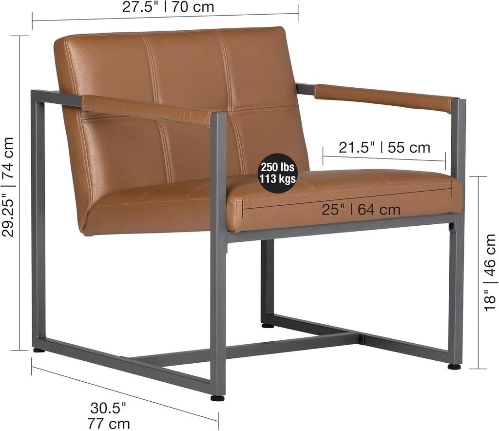 Studio Designs Home Modern Accent Chair Camber Mid-Century, Pewter Grey Metal Frame & Caramel Brown Leather
