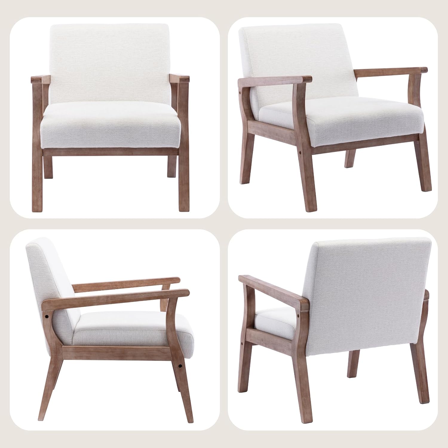 BESTANO Mid Century Modern Accent Chair Set of 2, Linen Upholstered Living Room Accent Armchair with Wood Frame, Farmhouse Chair for Living Room Bedroom, Ivory