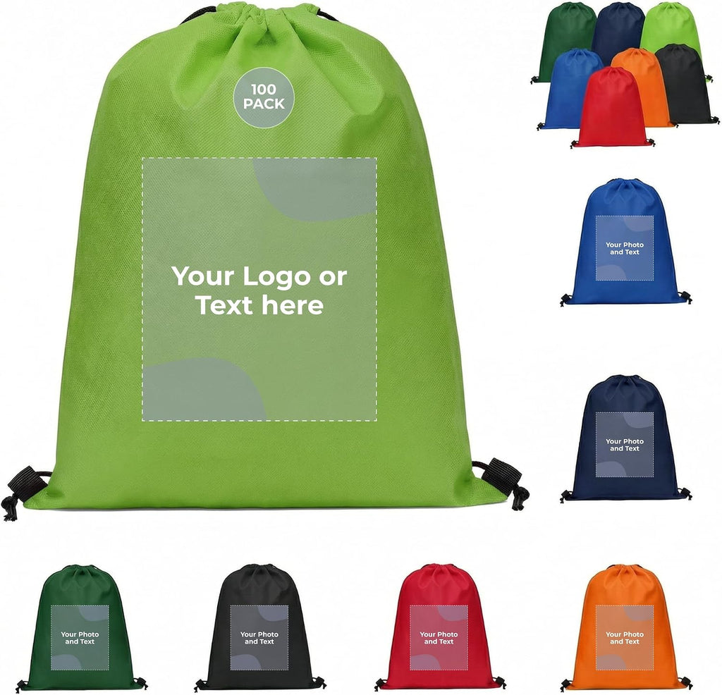 Custom Drawstring Backpacks with Logo or Text, Pack of 100, Lime Green, Water-Resistant, Personalized Promotional Bags for Branded Giveaways, Corporate Events, Trade Shows, Conferences