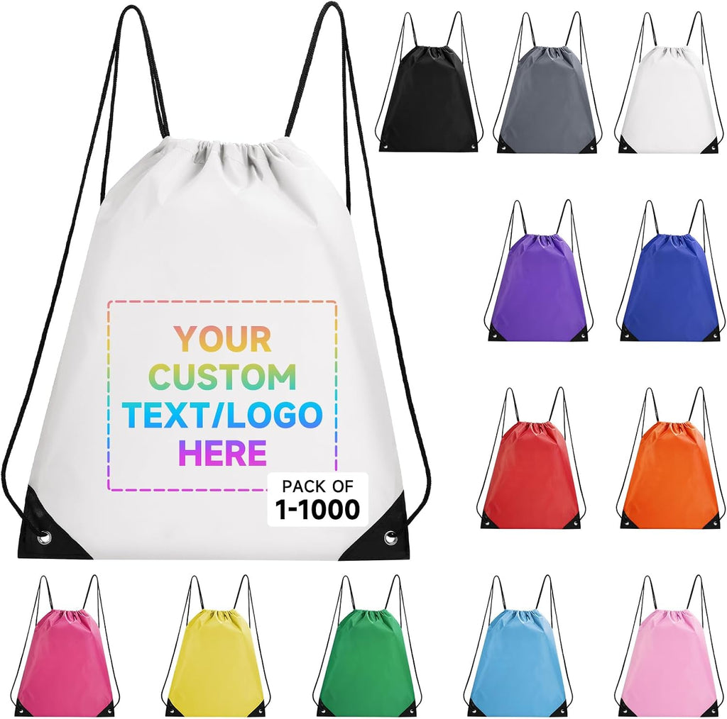 Custom Drawstring Bags With Logo, 500 Pack Personalized Text Drawstring Backpack Bulk Great for Travelling, Gym and for Everyday Use (White)