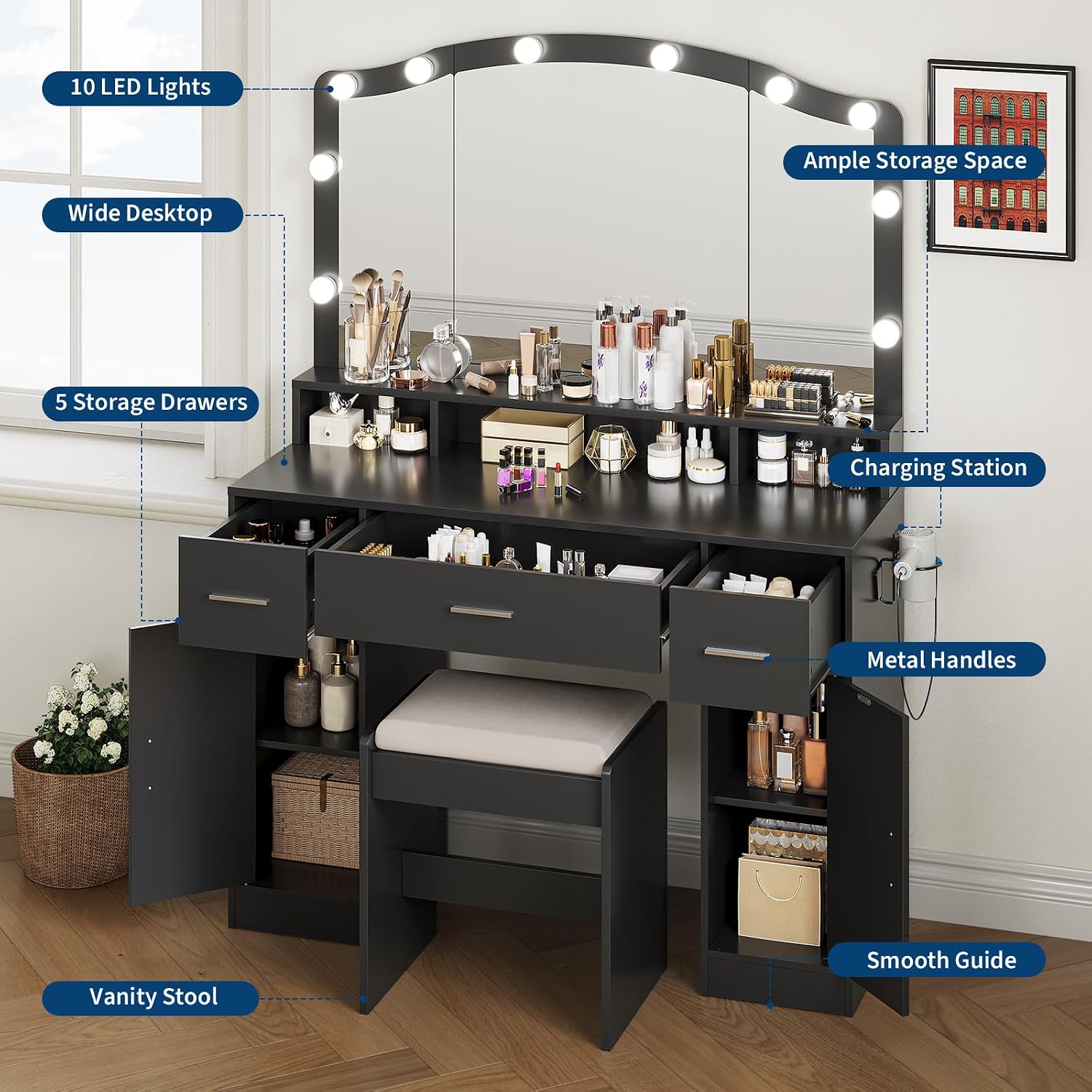 GarveeLife LED Lighted Vanity Desk for Girls & Women – Makeup Table with 10 Lighting Mirror, Charging Station, 3 Drawers, 2 Cabinets, Cushioned Stool – Bedroom Play Makeup Set – Color: Black