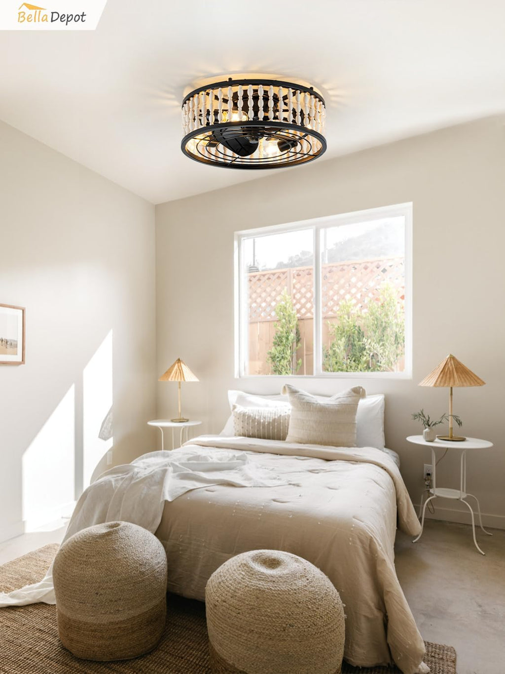 Bella Depot 19' Boho Ceiling Fan with Light, Flush Mount Wood Beaded Fandelier Chandelier Fan, 6 Speeds Reversible Bladeless for Bedroom Kids Room Kitchen, Black Wood