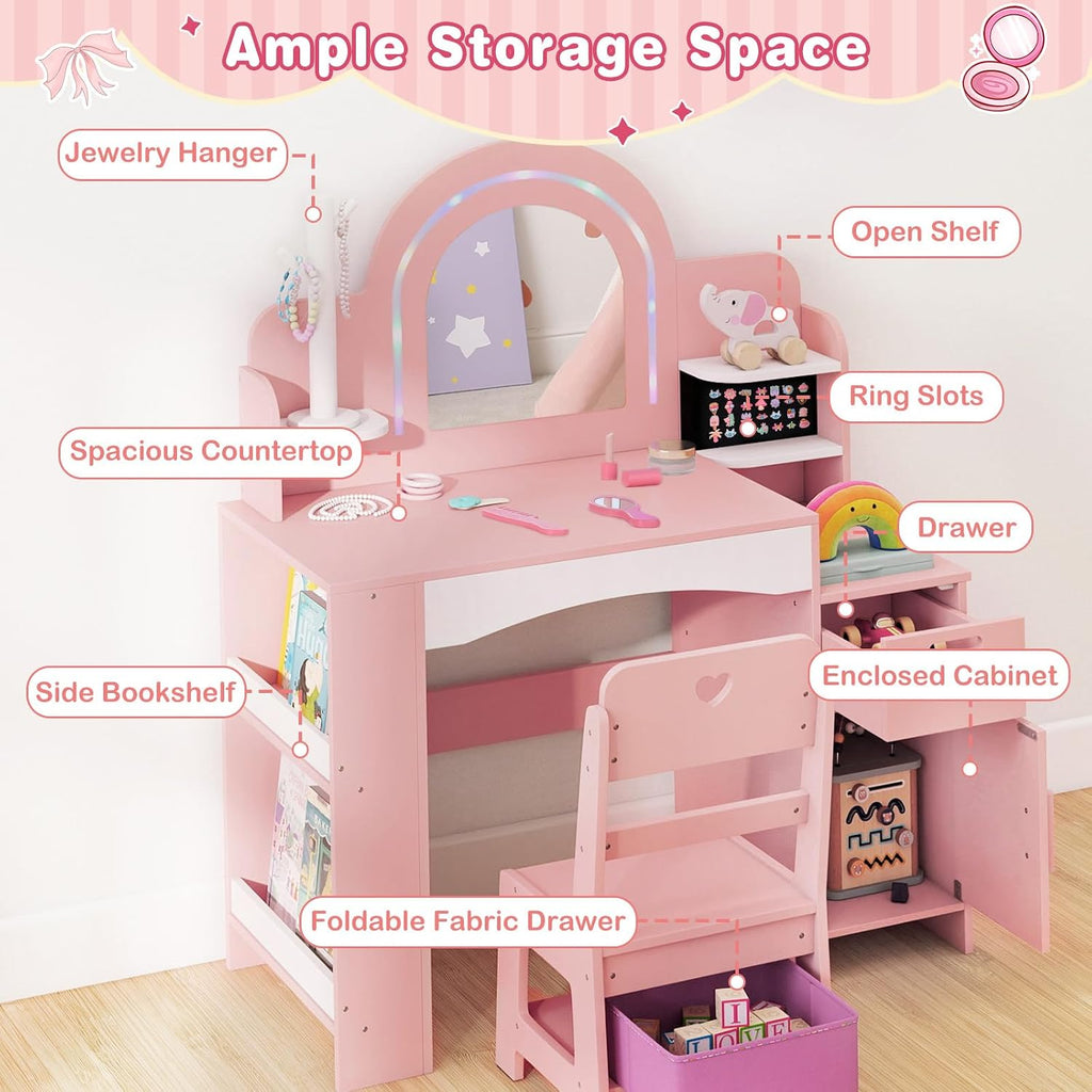 INFANS Kids Vanity with Lights, Princess Makeup Desk with Mirror, Jewelry Hanger, Fabric Drawers, Toddler Table and Chair Set Pretend Play for Girls
