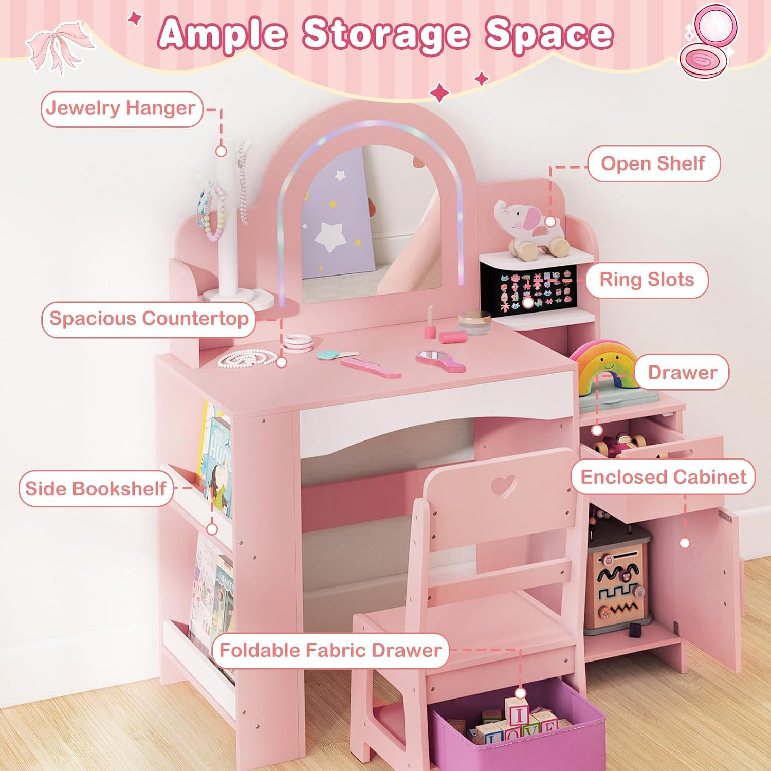 INFANS Kids Vanity with Lights, Princess Makeup Desk with Mirror, Jewelry Hanger, Fabric Drawers, Toddler Table and Chair Set Pretend Play for Girls