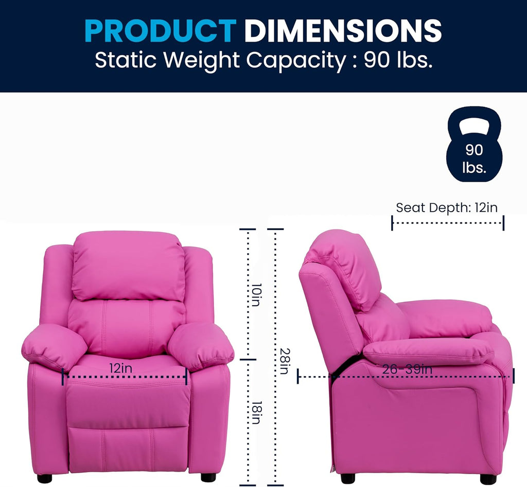 Flash Furniture Charlie Vinyl Kids Recliner with Flip-Up Storage Arms and Safety Recline, Contemporary Reclining Chair for Kids, Supports up to 90 lbs., Hot Pink